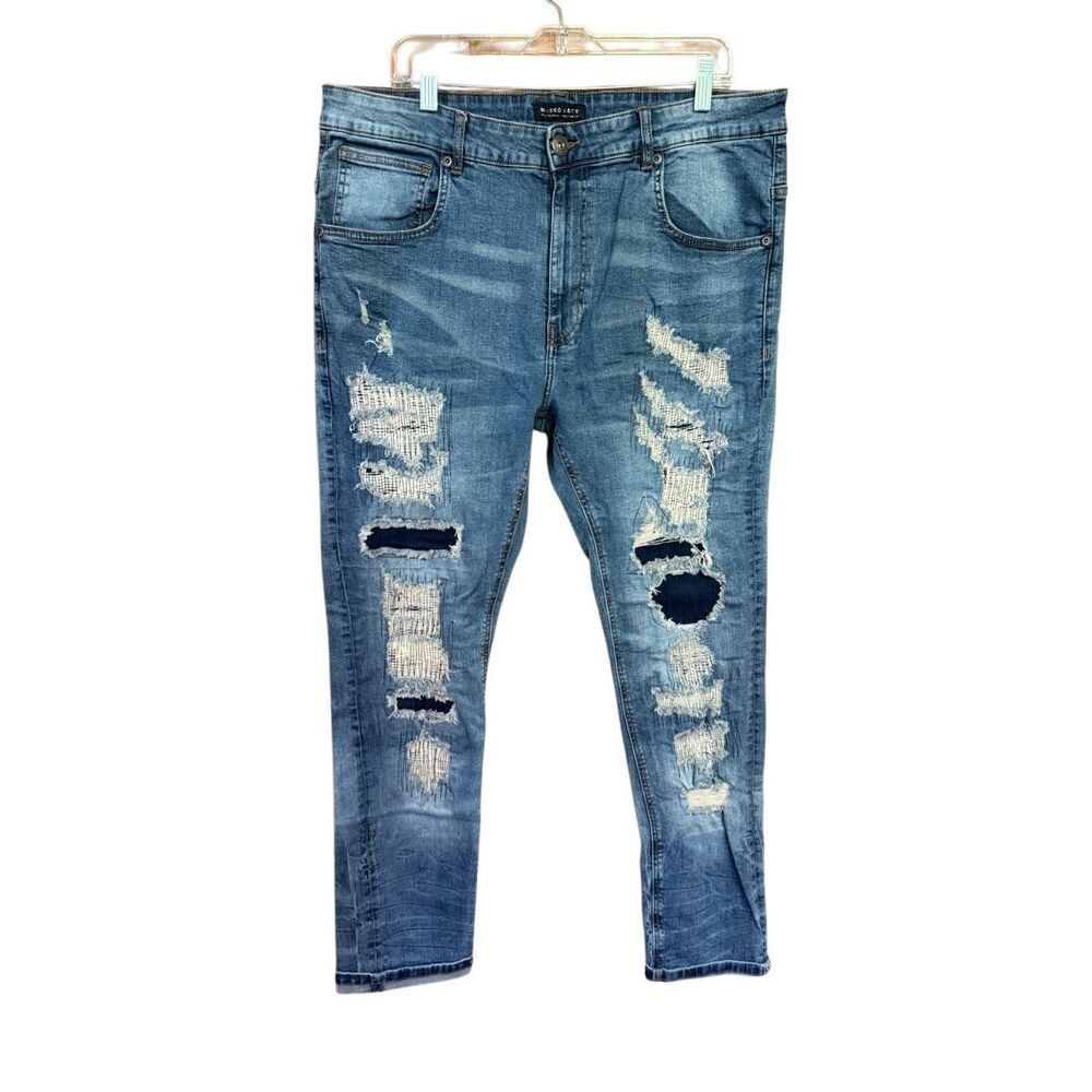 M.Society politically incorrect Men's Jeans Stretch Skinny Fit Blue Jeans Distre